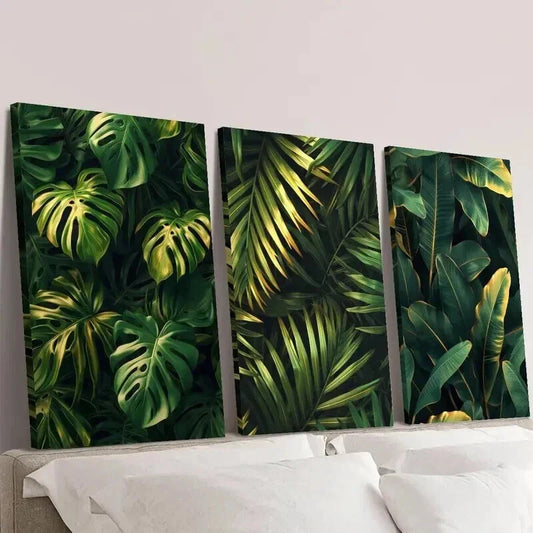 3pcs Tropical Monstera Golden Palm Leaf Wall Art Set Canvas Framed 40x60cm - High Quality Print 100% Australian Made Wall Canvas Ready to Hang