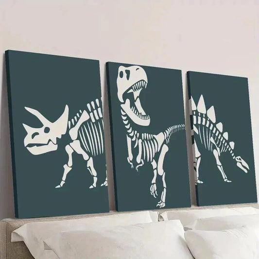 3pcs Dinosaur Triceratops Skeleton Outline Wall Art Set Canvas Framed 40x60cm - High Quality Print 100% Australian Made Wall Canvas Ready to Hang