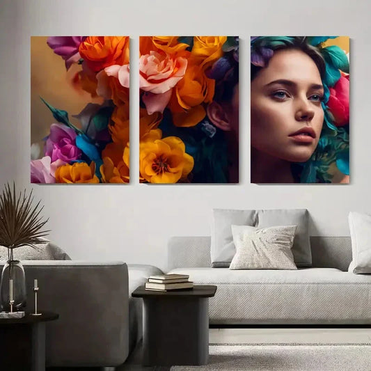3pcs Vibrant Floral Crowned Woman Metal Print Ready to Hang Art