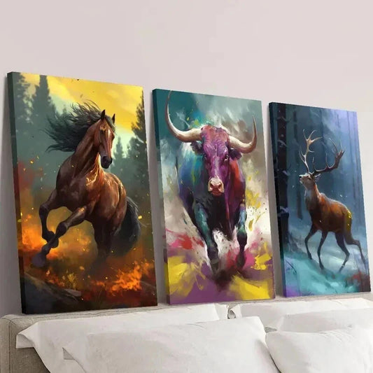3pcs Horse Bull Deer Running in the Forest Wall Art Set Canvas Framed 40x60cm - High Quality Print 100% Australian Made Wall Canvas Ready to Hang