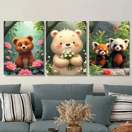 3pcs Charming Forest Friends Cute Bears & Pandas Wall Art Set Canvas Framed 40x60cm - High Quality Print 100% Australian Made Wall Canvas Ready to Hang