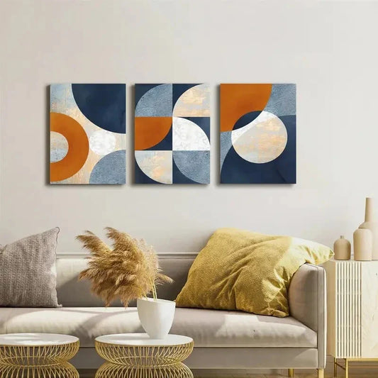 3pcs Navy Blue, Orange & Golden Metal Print Ready to Hang Art