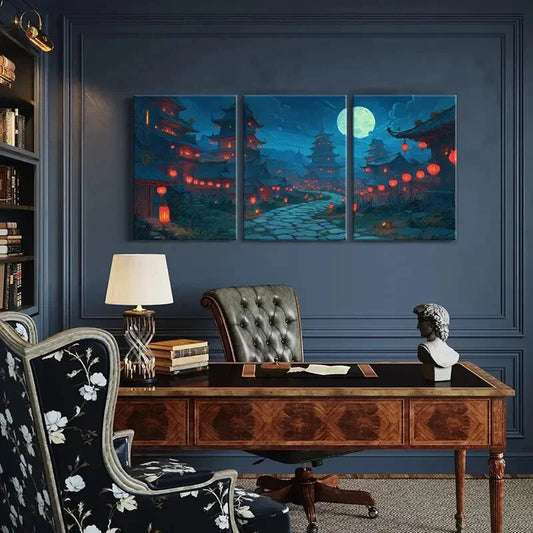 3pcs East Asian Architecture Full Moon Red Lantern Metal Print Ready to Hang Art