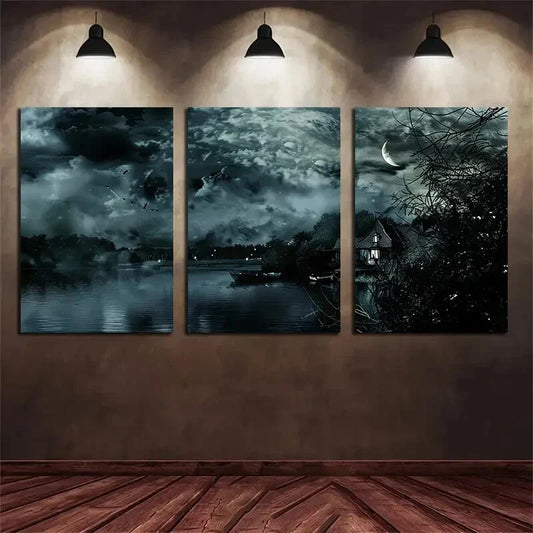 3pcs Dark Night Moonlight Water Reflection Metal Print Ready to Hang Art
