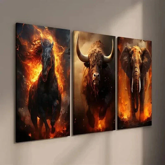 3pcs Running Hell Demon Horse Bull Elephant Wall Art Set Canvas Framed 40x60cm - High Quality Print 100% Australian Made Wall Canvas Ready to Hang