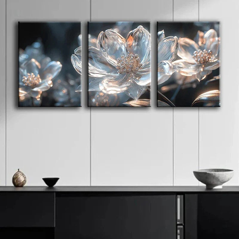 3pcs Abstract Charming Flower Blue & White Metal Print Ready to Hang Art