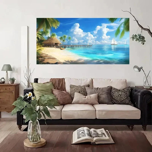 Tropical Beach Trees Overwater Wall Art Canvas Office Home Room Framed 80x45cm