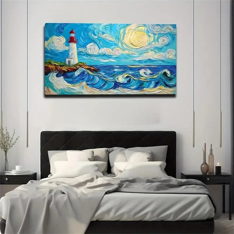 Sunlit Ocean Lighthouse Waves Wall Art Canvas Office Home Room Framed 120x60cm