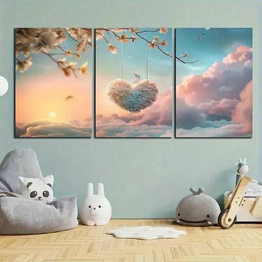 3pcs Decorative Heart Bird Sunset Clouds Metal Print Ready to Hang Art