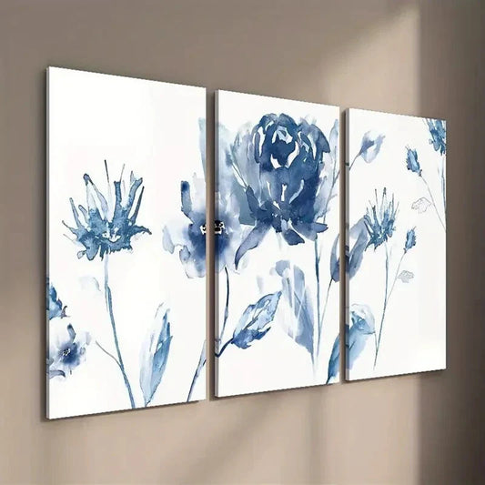 3pcs Elegant and Simple Blue Flowers Wall Art Set Canvas Framed 40x60cm - High Quality Print 100% Australian Made Wall Canvas Ready to Hang