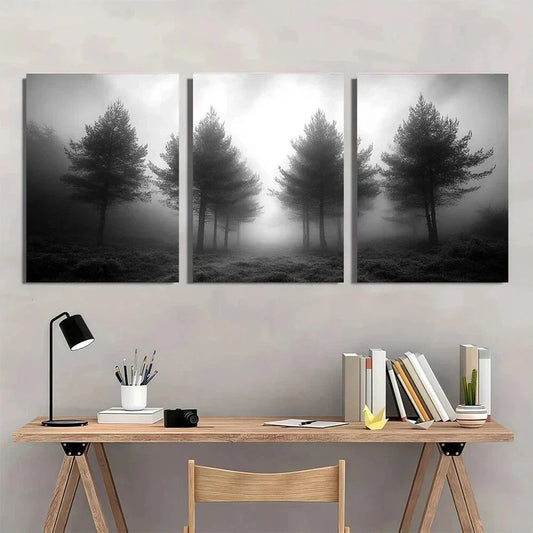 3pcs Misty Forest Trees in Foggy Metal Print Ready to Hang Art