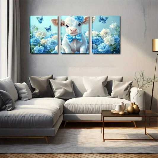 3pcs Blue Flowers Butterfly And Cute Calf Wall Art Set Canvas Framed 40x60cm - High Quality Print 100% Australian Made Wall Canvas Ready to Hang