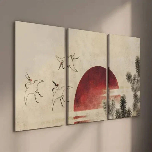 3pcs Vintage Japanese Crane Bird And Sunset Wall Art Set Canvas Framed 40x60cm - High Quality Print 100% Australian Made Wall Canvas Ready to Hang