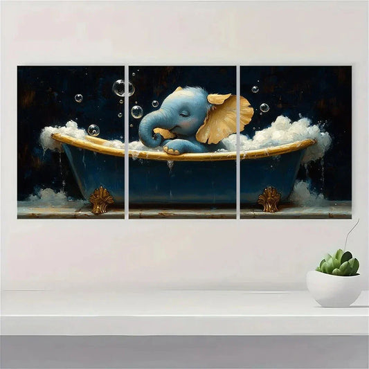 3pcs Whimsical Elephant Bubbles Golden Animal Metal Print Ready to Hang Art