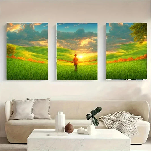 3pcs A Person Standing in a Vibrant Landscape Metal Print Ready to Hang Art