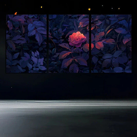 3pcs Roses Leaves Purple Themed Metal Print Ready to Hang Art