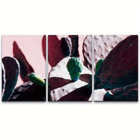 3pcs Pink and Green Cactus Shadows Floral Metal Print Ready to Hang Art