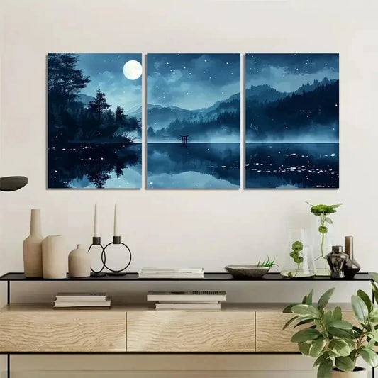 3pcs Moonlit Forest ,Tranquil Mountain Landscape Wall Art Set Canvas Framed 40x60cm - High Quality Print 100% Australian Made Wall Canvas Ready to Hang