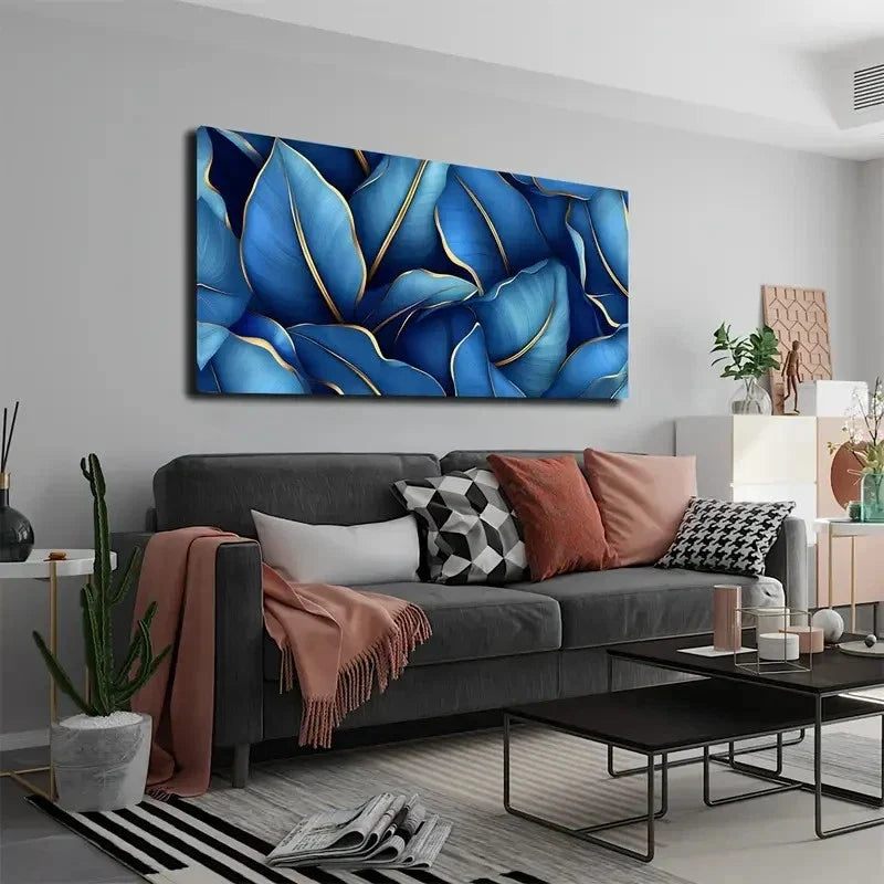 Stacked Blue & Golden Leaf Wall Art Canvas Office Home Room Framed 120x60cm