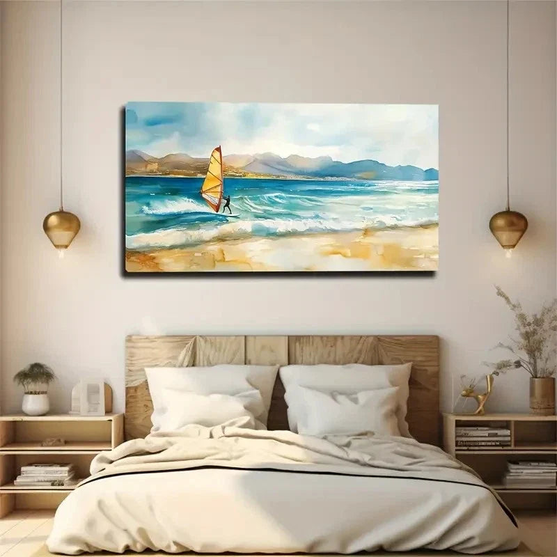 Serene Sailboat & Mountain Wall Art Canvas Office Home Room Framed 120x60cm