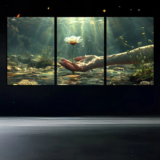 3pcs Floral Palm Holding On Hand Metal Print Ready to Hang Art