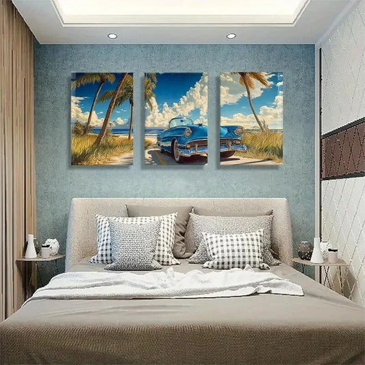3pcs Retro Convertible Car Scenic Beach Perfect Wall Art Set Canvas Framed 40x60cm - High Quality Print 100% Australian Made Wall Canvas Ready to Hang