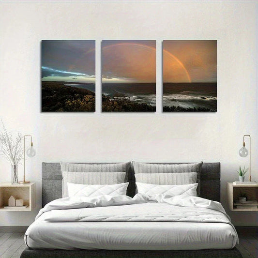 3pcs Serene Coastal Rainbow Landscape Metal Print Ready to Hang Art