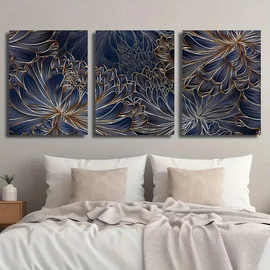 3pcs Luxury Vintage Botanical Golden Line Flowers Metal Print Ready to Hang Art