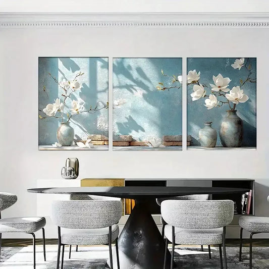 3pcs Modern Elegant Blue Vase Magnolia Floral Wall Art Set Canvas Framed 40x60cm - High Quality Print 100% Australian Made Wall Canvas Ready to Hang