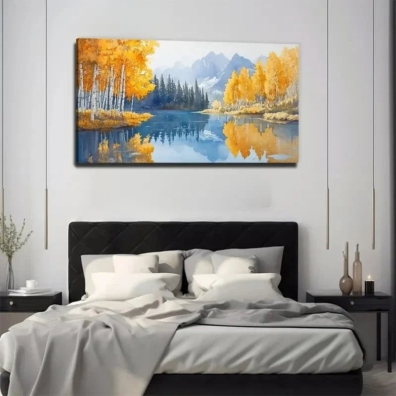 Autumn Lake Yellow Forest Wall Art Canvas Office Home Room Framed 80x45cm