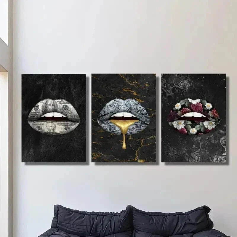 3pcs Money Golden Colorful Bouquet Lips Wall Art Set Canvas Framed 40x60cm - High Quality Print 100% Australian Made Wall Canvas Ready to Hang