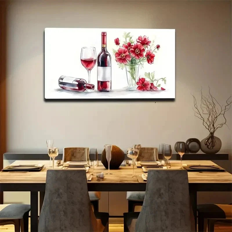 Two Wine Bottles & Glass Red Wall Art Canvas Office Home Room Framed 120x60cm
