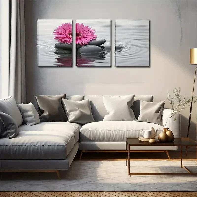 3pcs Bright Pink Gerbera on Rocks Perfect Wall Art Set Canvas Framed 40x60cm - High Quality Print 100% Australian Made Wall Canvas Ready to Hang