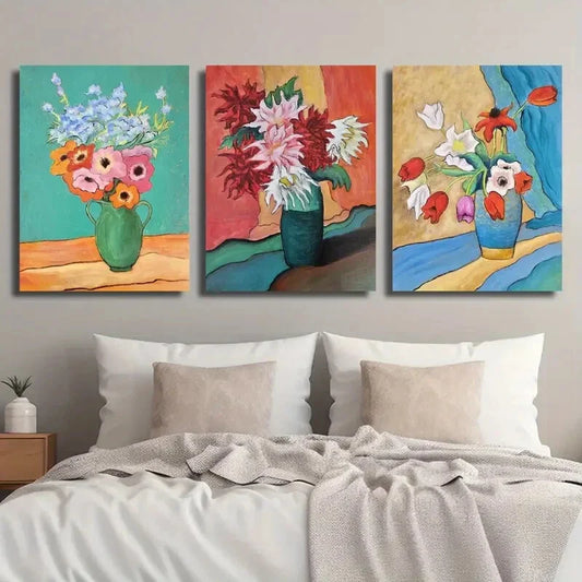 3pcs Colorful Floral Botanical Modern Vase Metal Print Ready to Hang Art