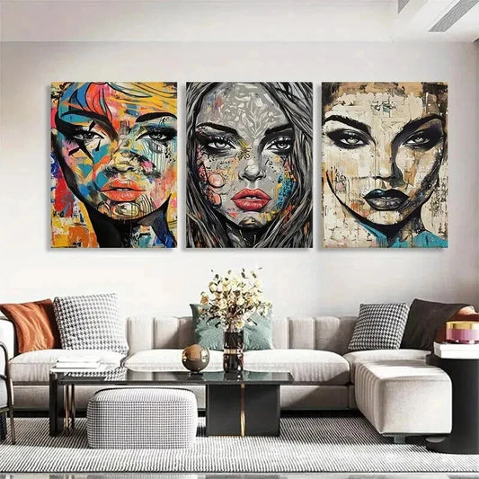 3pcs Colorful Faces with Mixed Media Perfect Wall Art Set Canvas Framed 40x60cm - High Quality Print 100% Australian Made Wall Canvas Ready to Hang