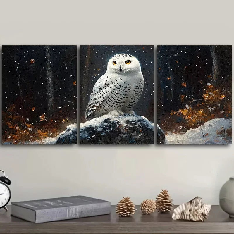 3pcs Snowy Owl in Forest Wall Art Set Canvas Framed 40x60cm - High Quality Print 100% Australian Made Wall Canvas Ready to Hang