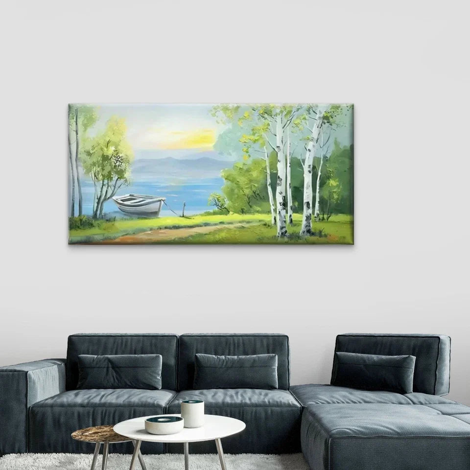 Boat In The Water Forest Wall Art Canvas Office Home Room Framed 80x45cm