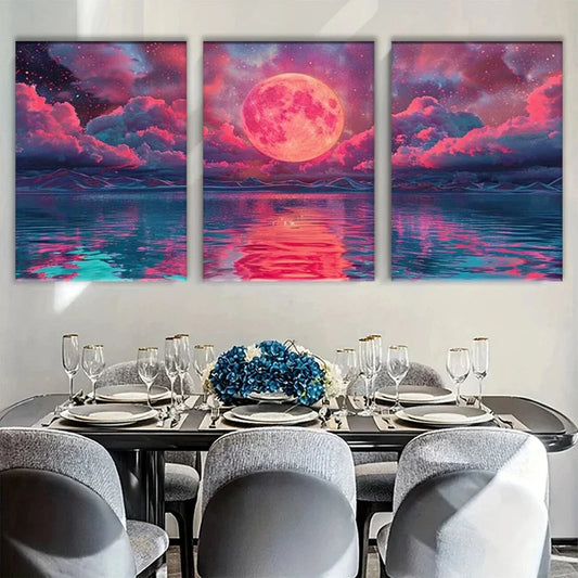 3pcs Abstract Stunning Pink Moon Metal Print Ready to Hang Art