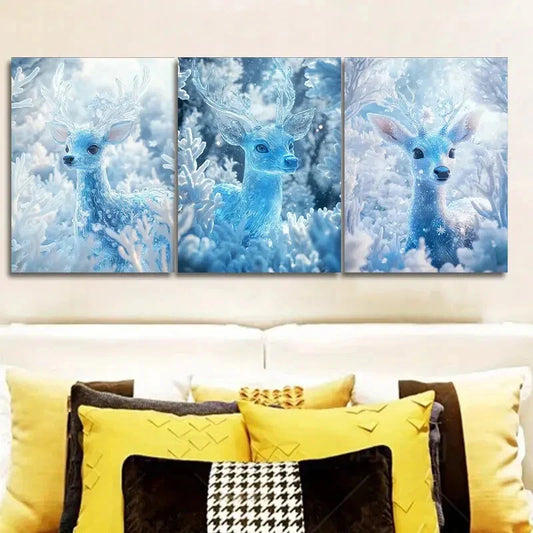 3pcs Deer with Ice-Blue Frost, Metal Print Ready to Hang Art