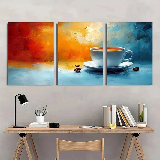 3pcs Vibrant Abstract Colourful Coffee Cup Metal Print Ready to Hang Art