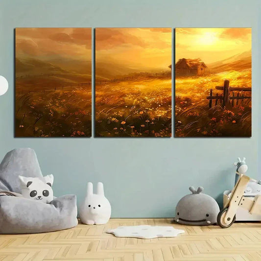 3pcs Wooden House Sunrise Nature Metal Print Ready to Hang Art