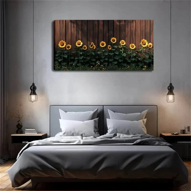 Vibrant Sunflowers on Dark Wood Wall Art Canvas Office Home Room Framed 80x45cm