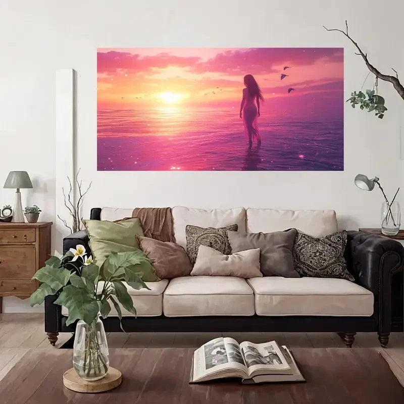Serene Sunset Beach Wall Art Canvas Office Home Room Framed 80x45cm