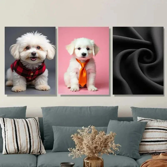 3pcs Cute Puppy Adorable Dog Pink & Black Wall Art Set Canvas Framed 40x60cm - High Quality Print 100% Australian Made Wall Canvas Ready to Hang