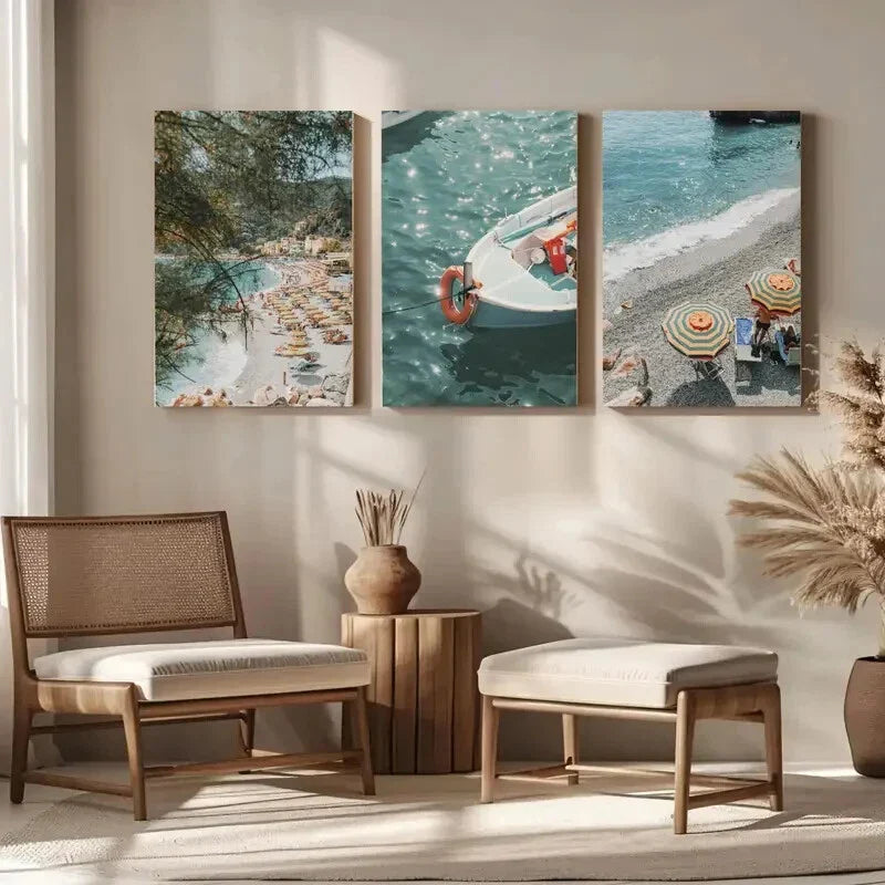 3pcs Amalfi Beach Beach Umbrella Metal Print Ready to Hang Art