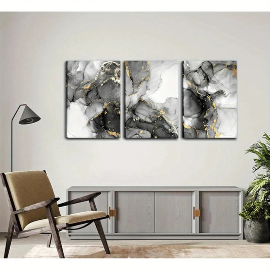 3pcs Black and Golden Abstract Marble Metal Print Ready to Hang Art