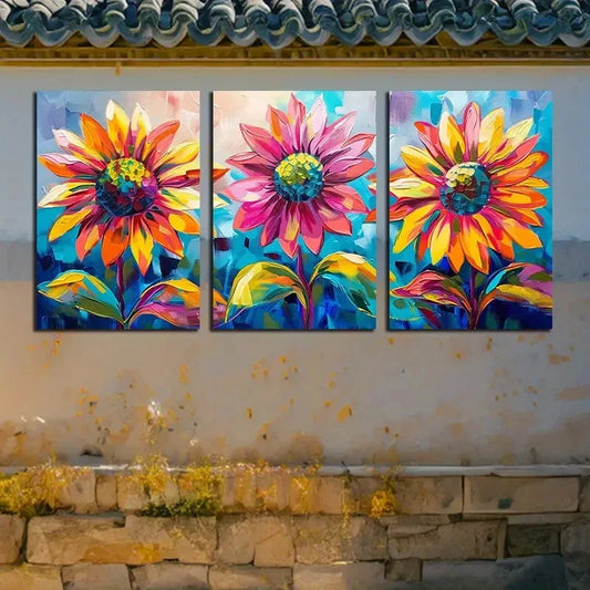 3pcs Colourful Sunflower Yellow Blue Pink Metal Print Ready to Hang Art