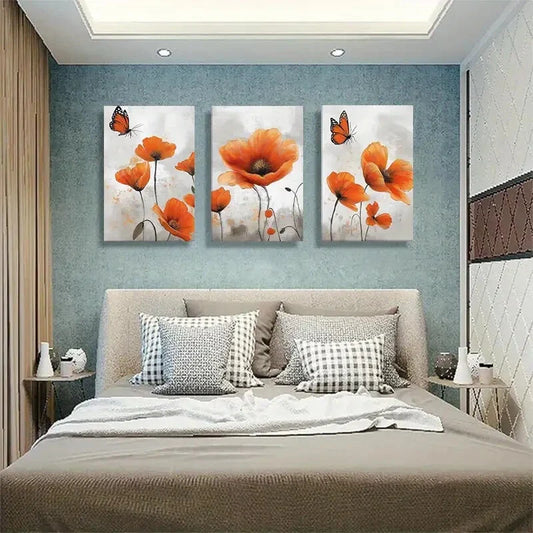 3pcs Vibrant Orange Poppy and Butterfly Perfect Wall Art Set Canvas Framed 40x60cm - High Quality Print 100% Australian Made Wall Canvas Ready to Hang