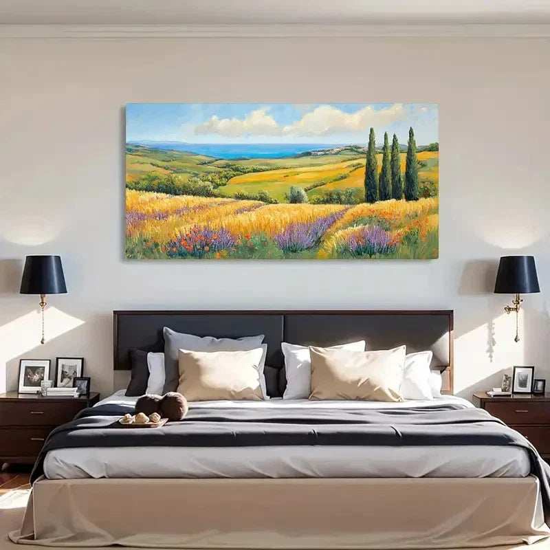 Purple Flowers & Tree Sea View Wall Art Canvas Office Home Room Framed 120x60cm