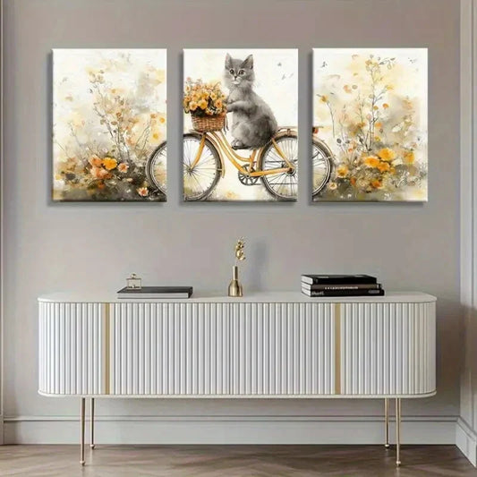 3pcs Whimsical Cat Bicycle Vibrant Perfect Wall Art Set Canvas Framed 40x60cm - High Quality Print 100% Australian Made Wall Canvas Ready to Hang